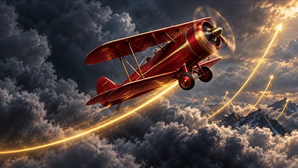 Roter Doppeldecker steigt dynamisch durch dunkle Wolken