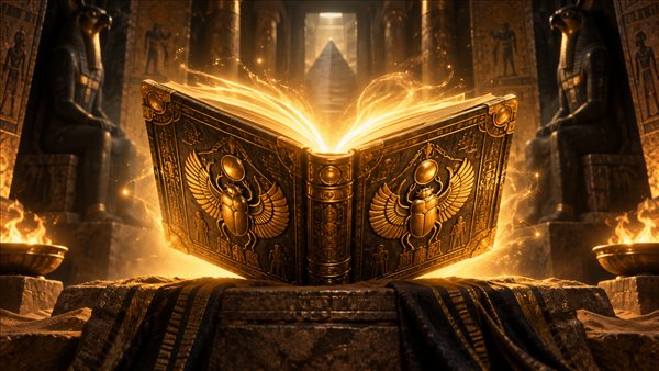 Magisches goldenes Buch in einem ägyptischen Tempel